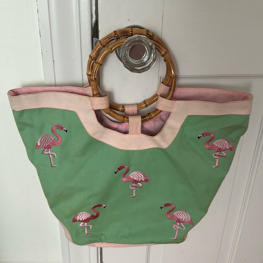 Bamboo handled flamingo purse